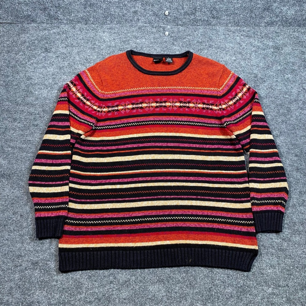 Erika Woman Plus Size 1X Striped Fair Isle Crewneck Sweater Orange Red Multi